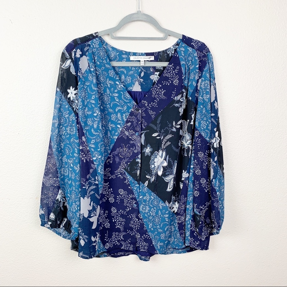 Collective Concepts Blue and Navy Floral Blouse
